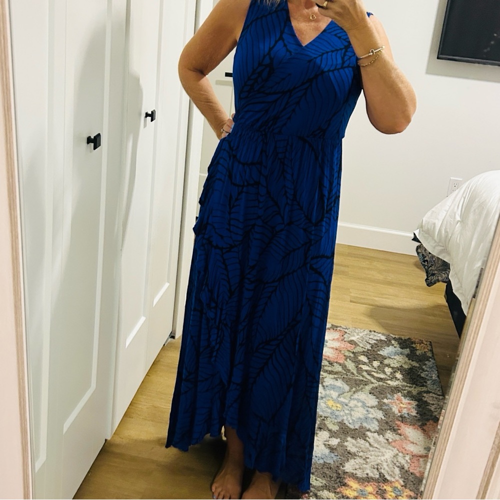 Apt. 9 Cobalt Blue Maxi Dress with Black Palm Leaf Design |Size PSmall - Picture 9 of 12